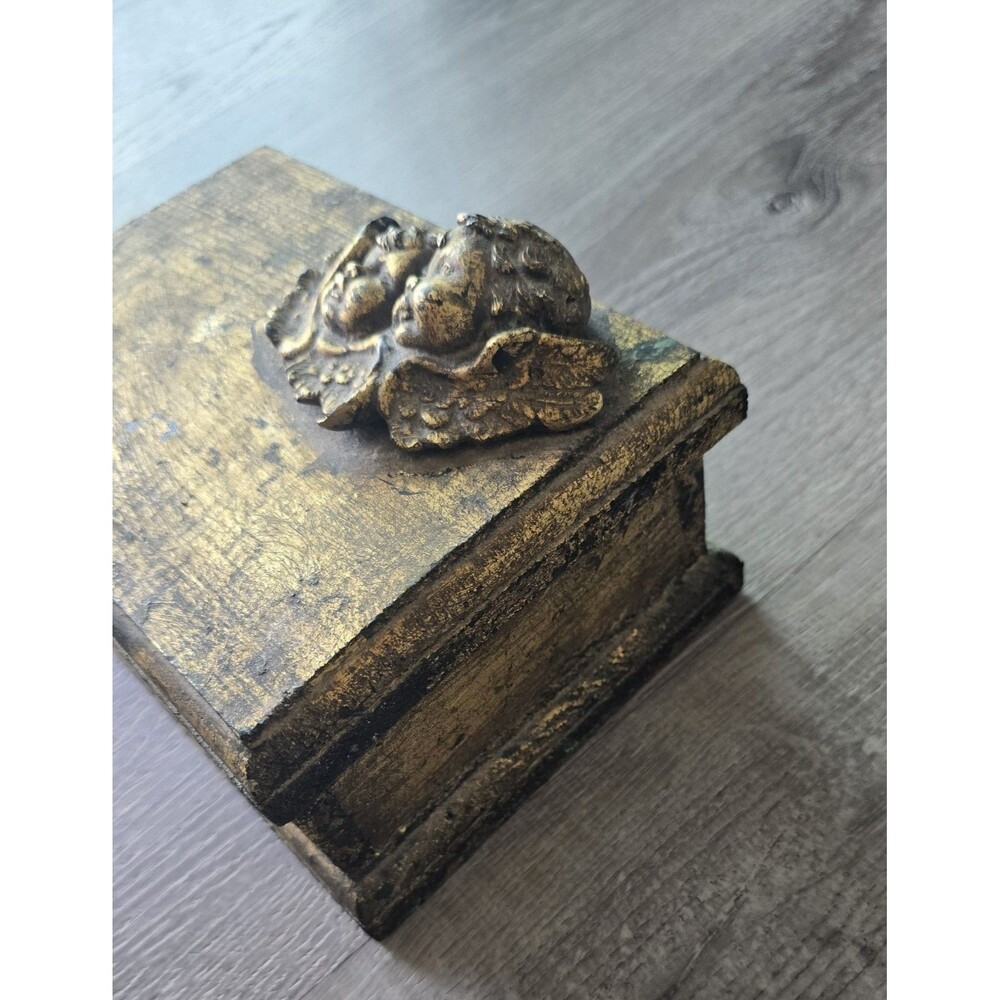 Vintage Wood Trinket Box Angels Cherubs Antique Gold Color Wooden - Picture 5 of 12
